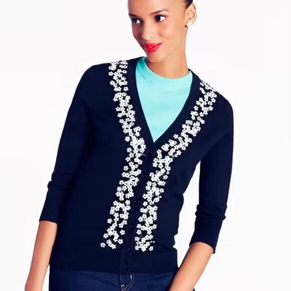 Kate Spade Sequined Kati Cardigan Black White Size Medium - Picture 2 of 10